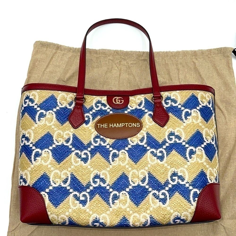New authentic Gucci raffia “the Hampton” leather trim tote red leather handles